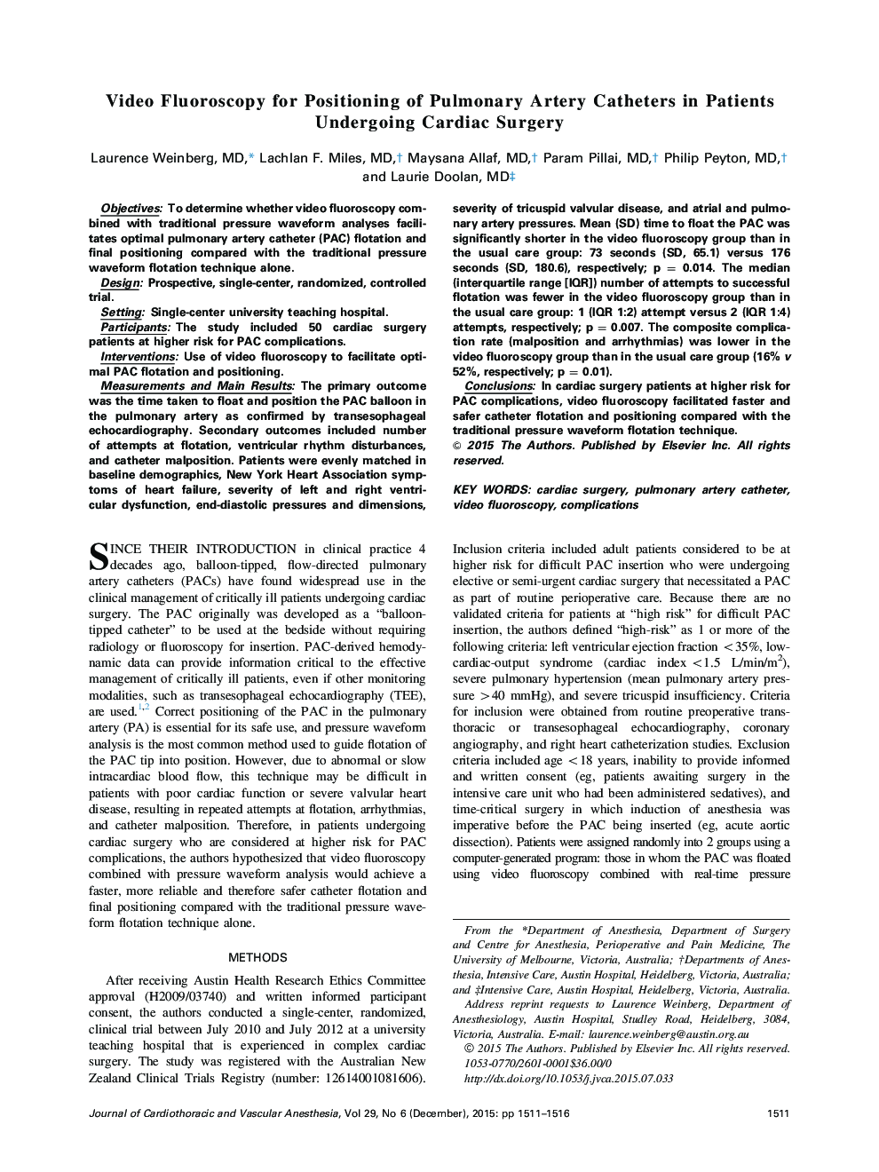 Video Fluoroscopy for Positioning of Pulmonary Artery Catheters in Patients Undergoing Cardiac Surgery