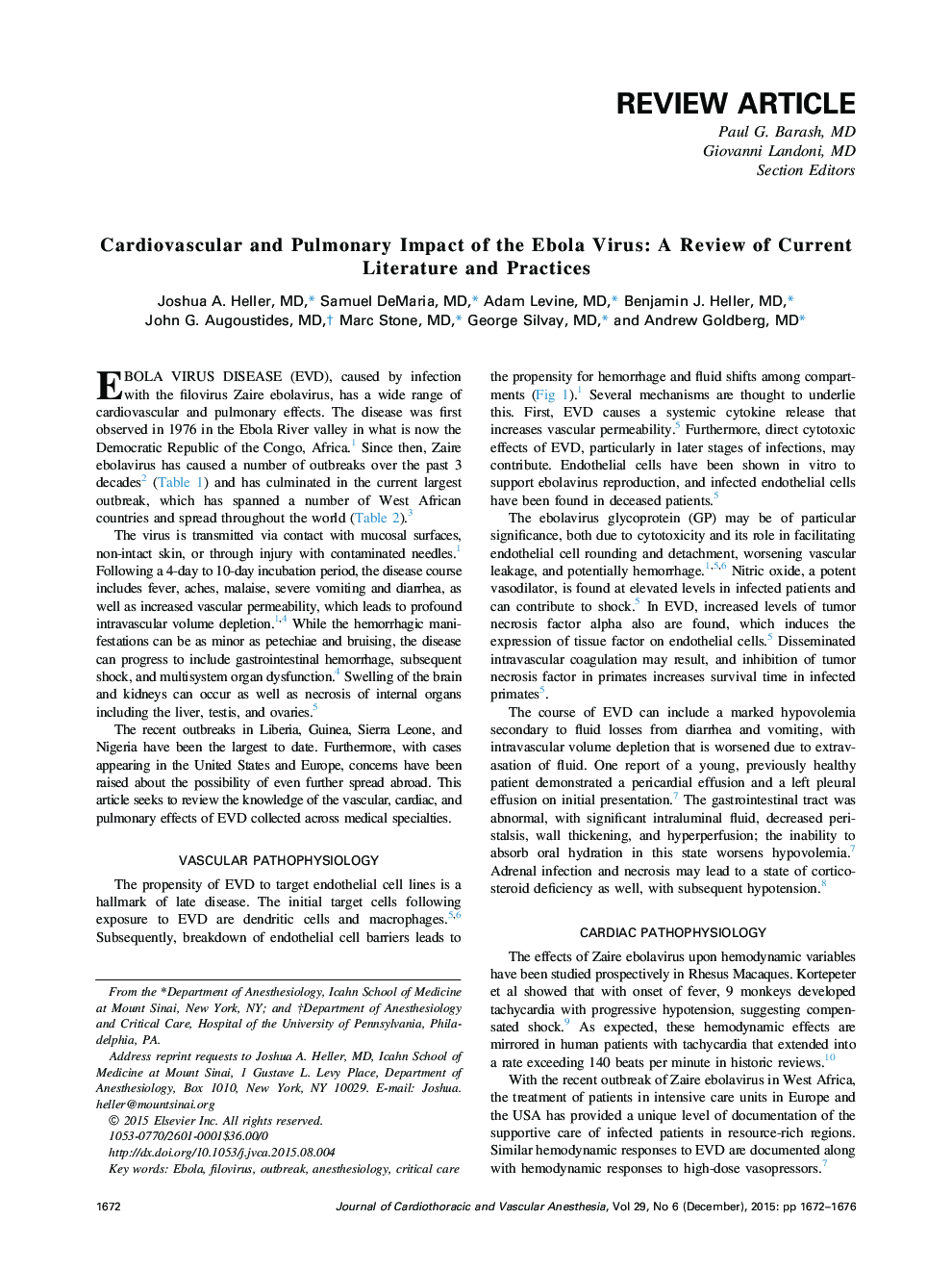 Cardiovascular and Pulmonary Impact of the Ebola Virus: A Review of Current Literature and Practices