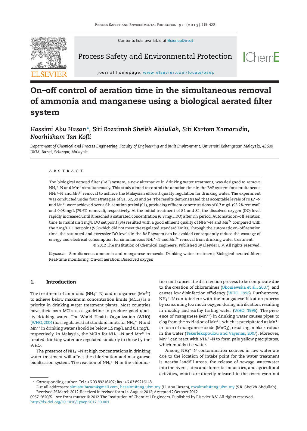 On–off control of aeration time in the simultaneous removal of ammonia and manganese using a biological aerated filter system