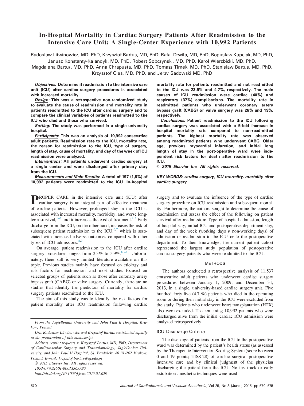 مرگ و میر در بیمارستان در بیماران جراحی قلب پس از واجد شرایط بودن به واحد مراقبت های ویژه: تجربه تک مرکز با 10992 بیمار 