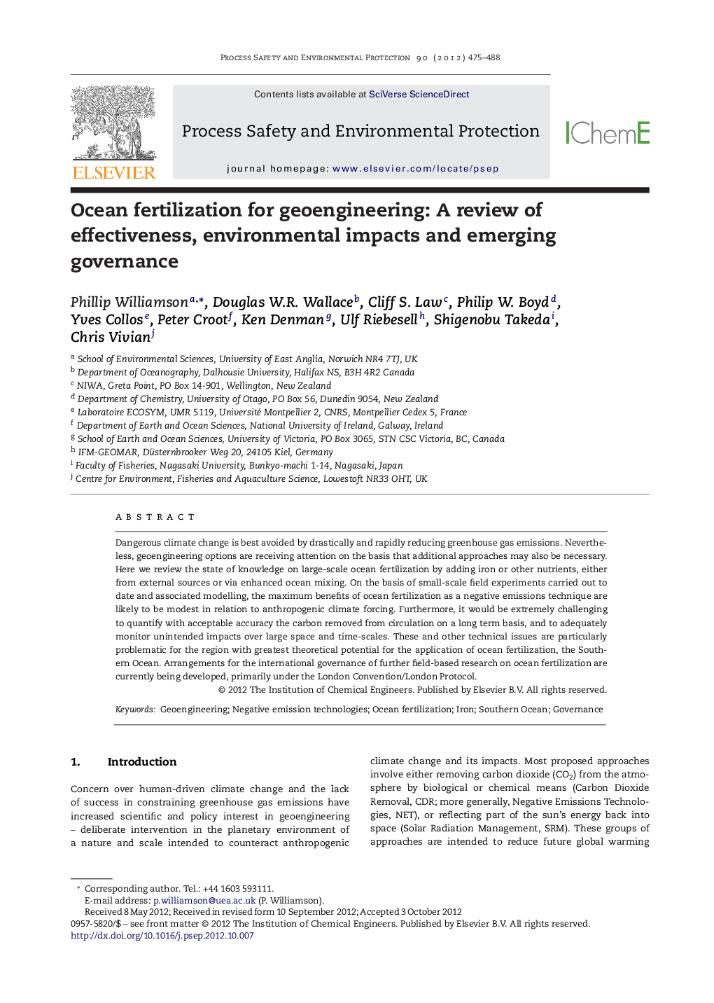 Ocean fertilization for geoengineering: A review of effectiveness, environmental impacts and emerging governance