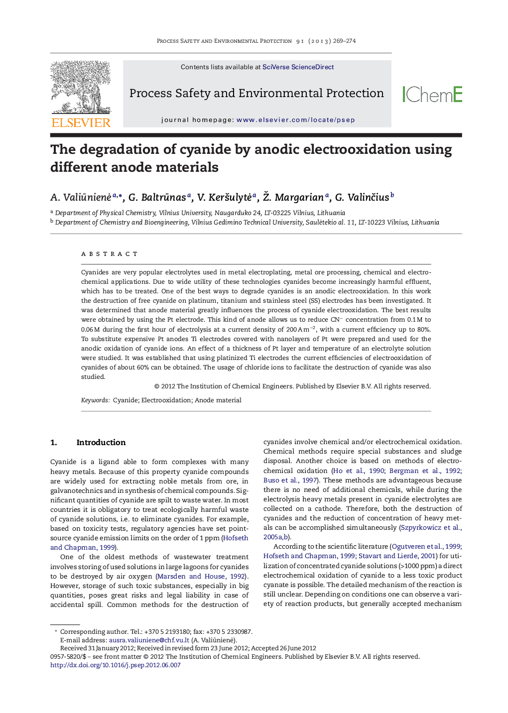 The degradation of cyanide by anodic electrooxidation using different anode materials