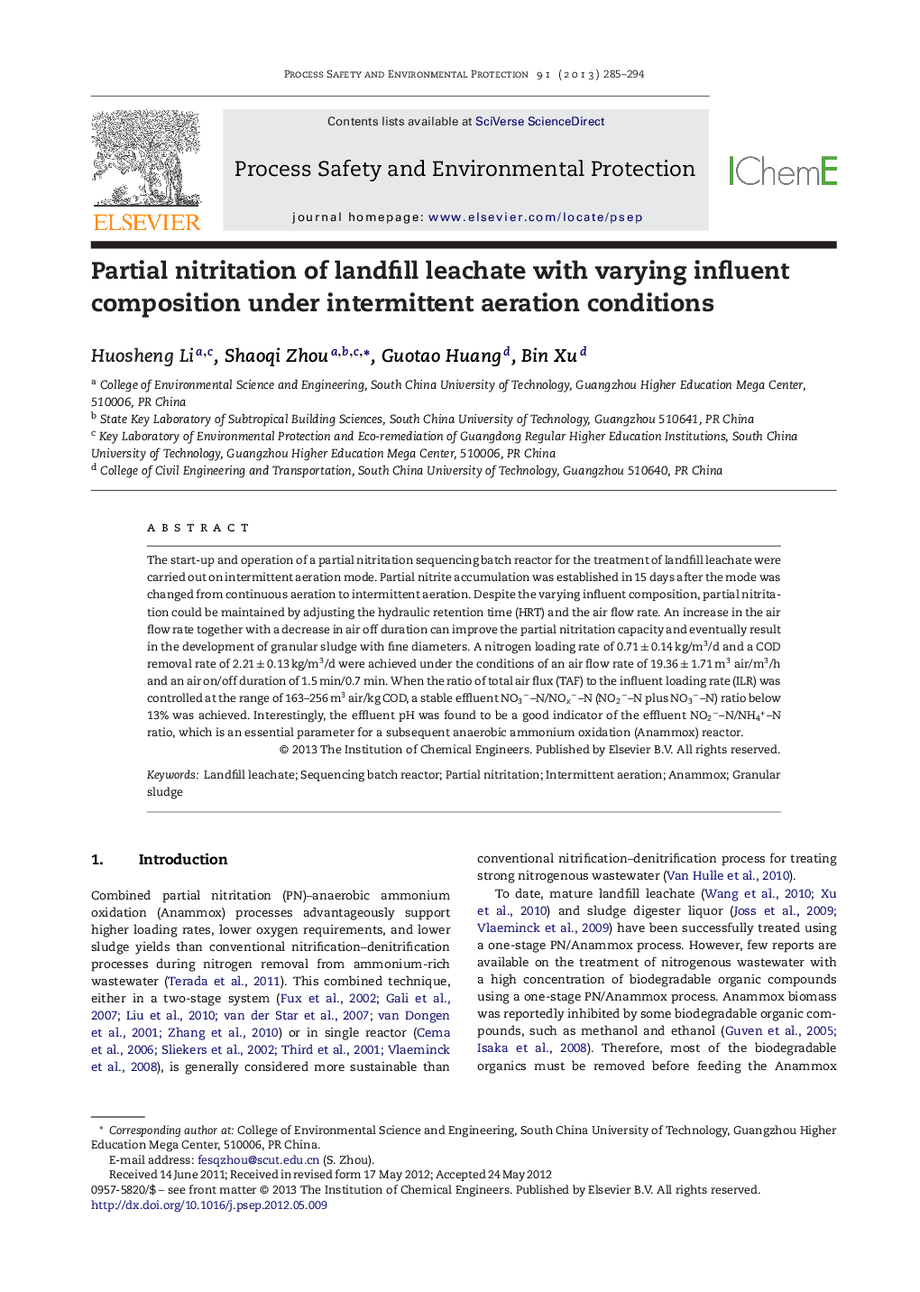 Partial nitritation of landfill leachate with varying influent composition under intermittent aeration conditions