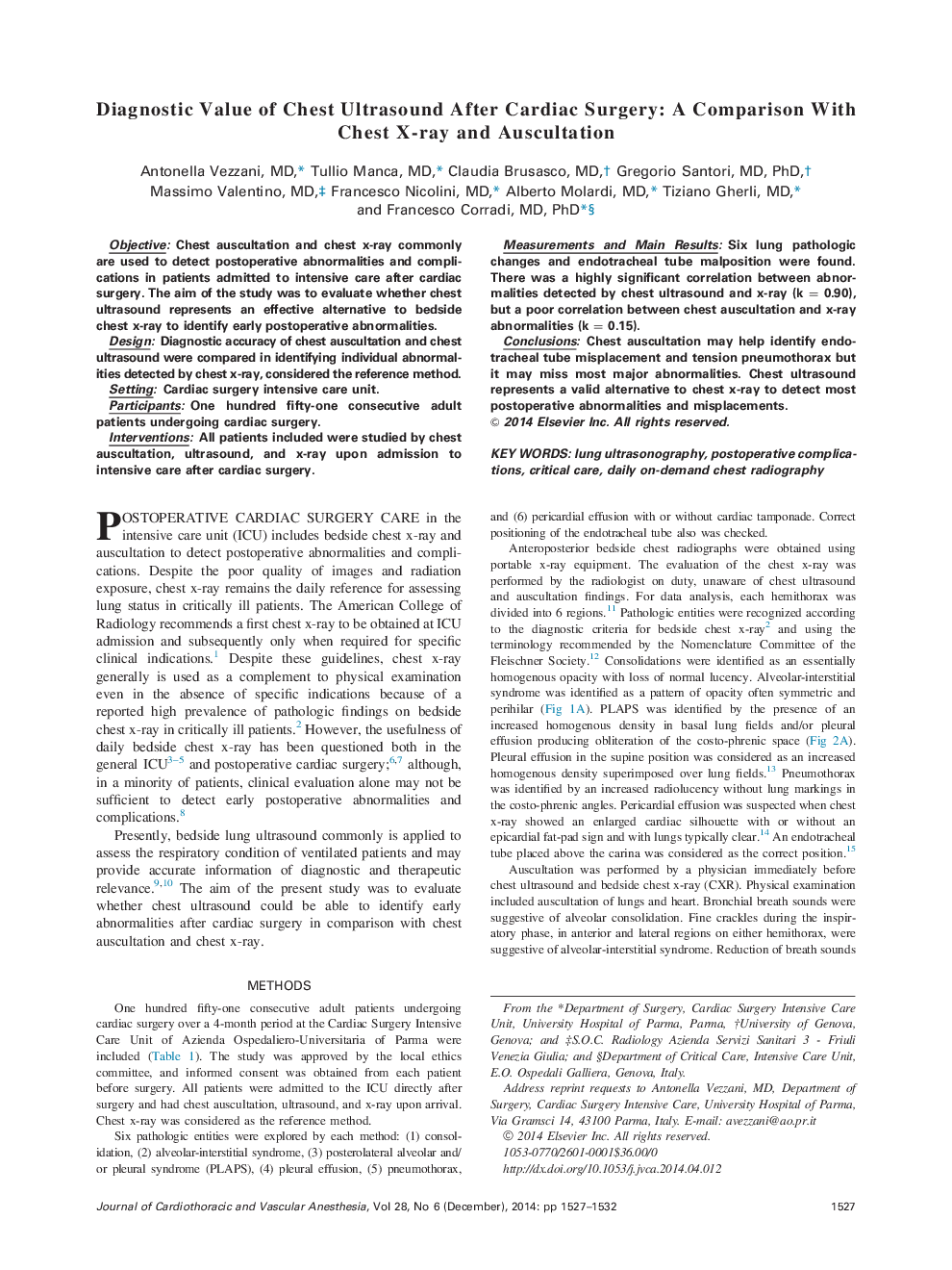 Original ArticleDiagnostic Value of Chest Ultrasound After Cardiac Surgery: A Comparison With Chest X-ray and Auscultation