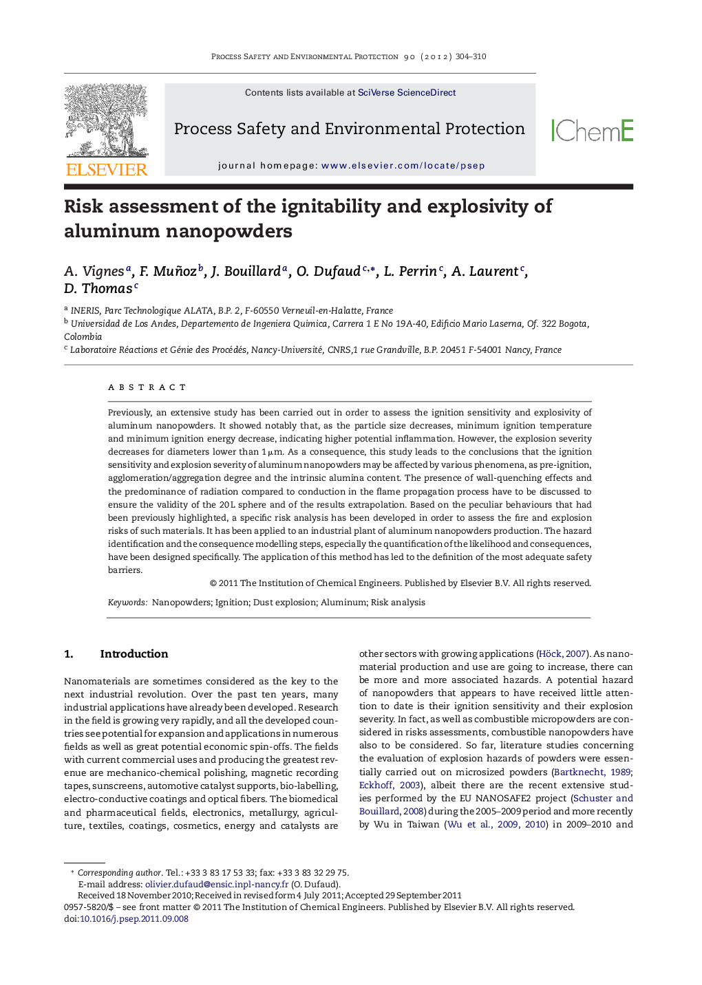 Risk assessment of the ignitability and explosivity of aluminum nanopowders