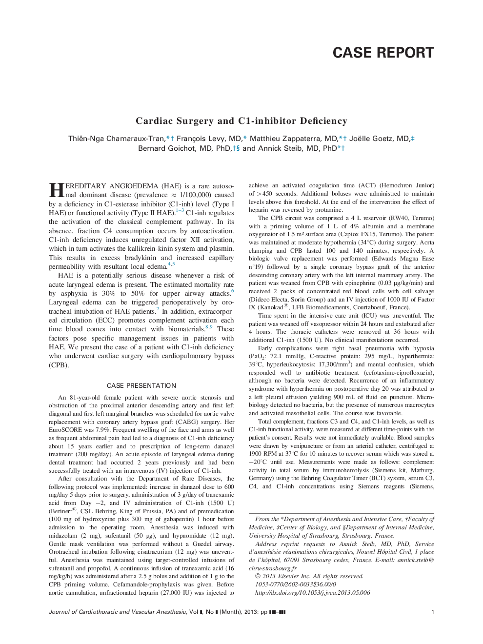 Cardiac Surgery and C1-Inhibitor Deficiency