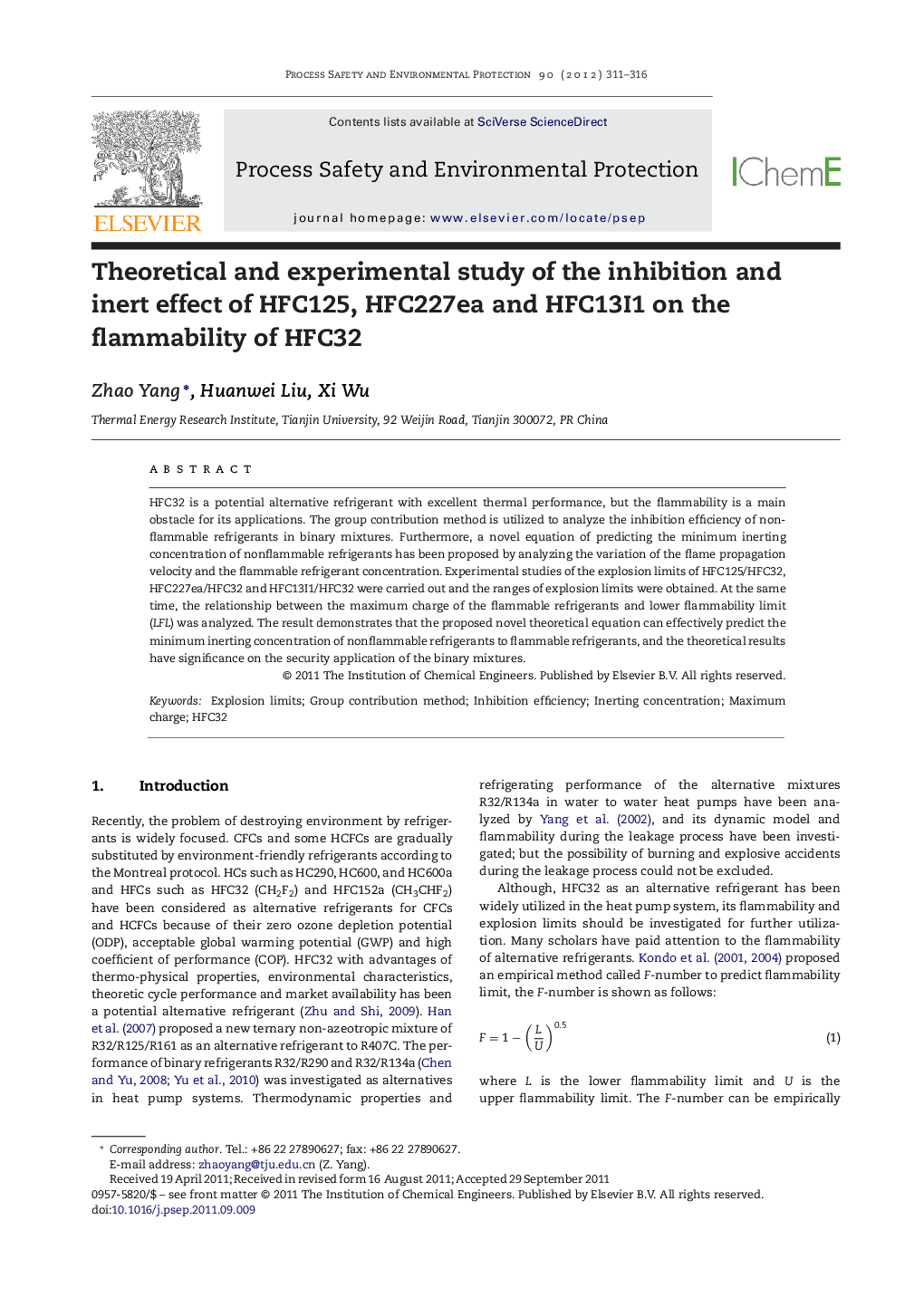 Theoretical and experimental study of the inhibition and inert effect of HFC125, HFC227ea and HFC13I1 on the flammability of HFC32