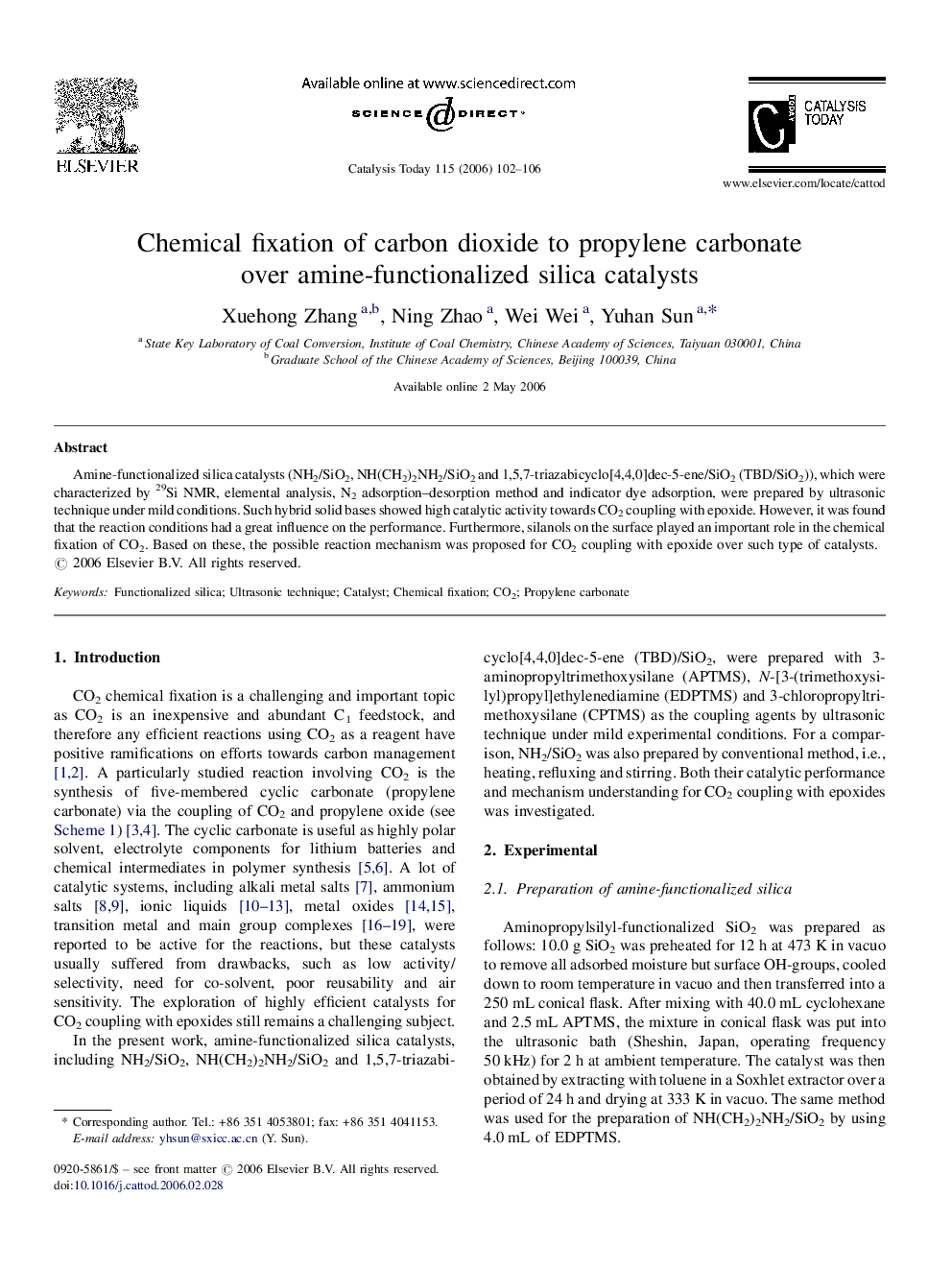 Chemical fixation of carbon dioxide to propylene carbonate over amine-functionalized silica catalysts