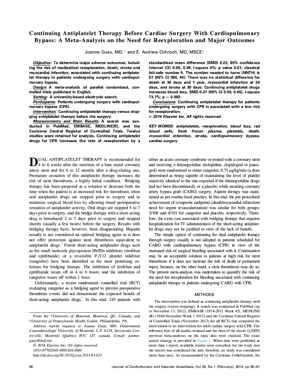 Continuing Antiplatelet Therapy Before Cardiac Surgery With Cardiopulmonary Bypass: A Meta-Analysis on the Need for Reexploration and Major Outcomes