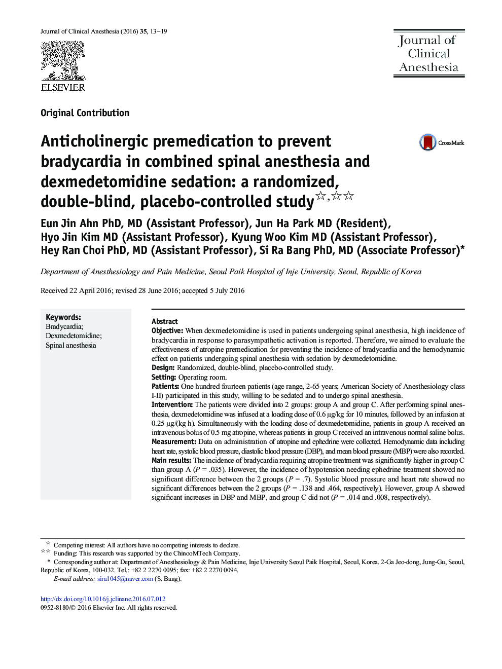 Original ContributionAnticholinergic premedication to prevent bradycardia in combined spinal anesthesia and dexmedetomidine sedation: a randomized, double-blind, placebo-controlled study