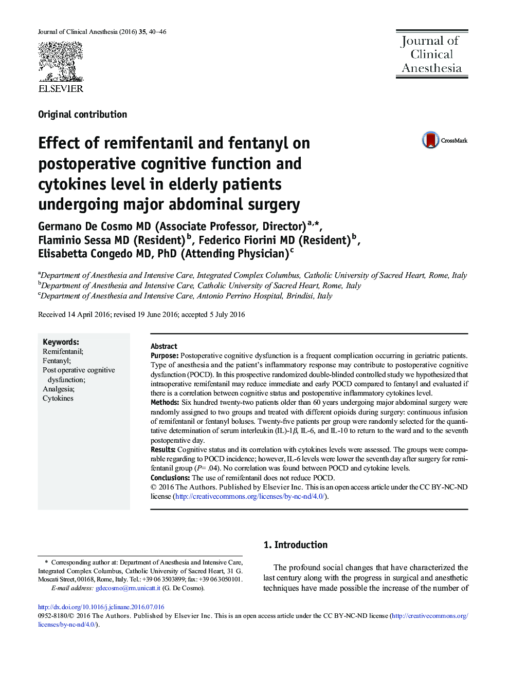 Effect of remifentanil and fentanyl on postoperative cognitive function and cytokines level in elderly patients undergoing major abdominal surgery