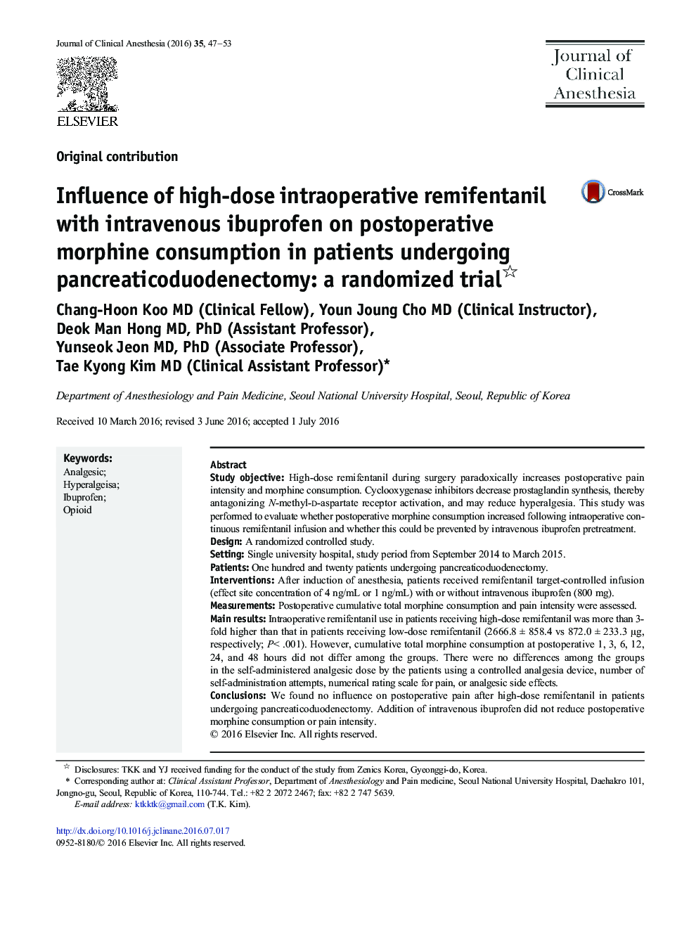 Influence of high-dose intraoperative remifentanil with intravenous ibuprofen on postoperative morphine consumption in patients undergoing pancreaticoduodenectomy: a randomized trial