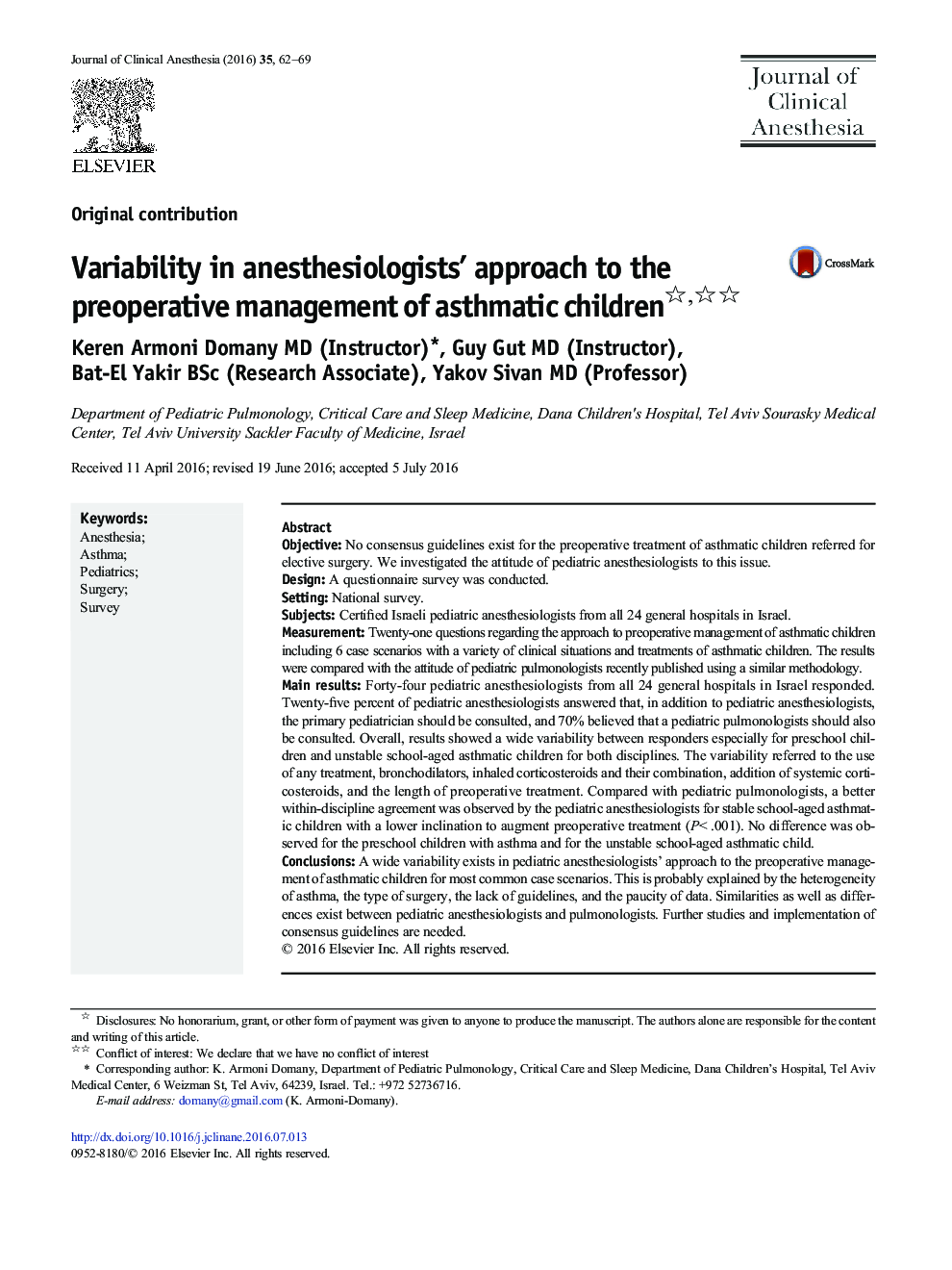 Variability in anesthesiologists' approach to the preoperative management of asthmatic children