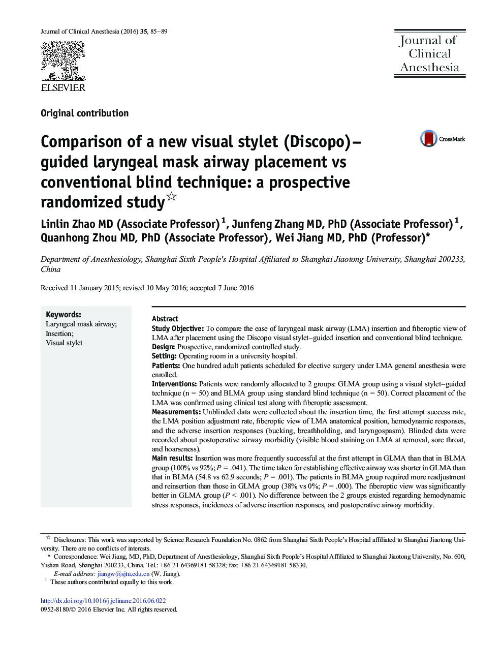 Comparison of a new visual stylet (Discopo)-guided laryngeal mask airway placement vs conventional blind technique: a prospective randomized study