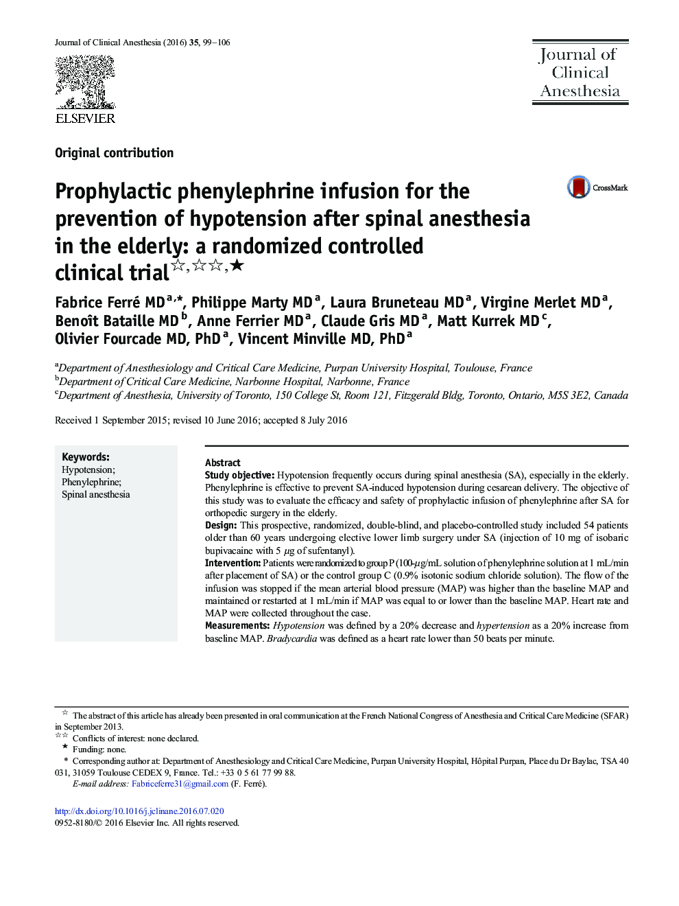 Prophylactic phenylephrine infusion for the prevention of hypotension after spinal anesthesia in the elderly: a randomized controlled clinical trial