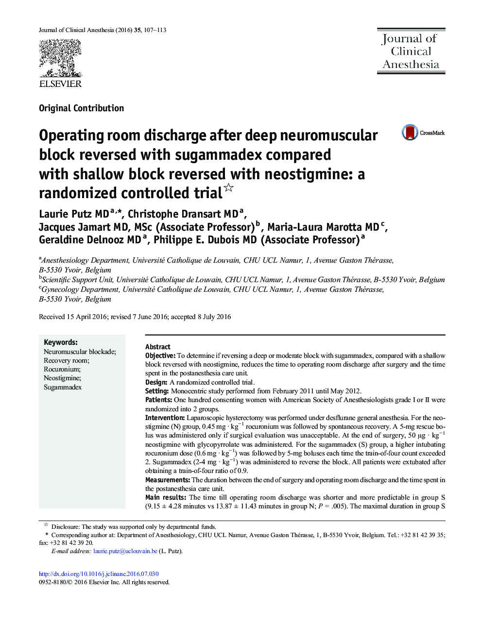 Operating room discharge after deep neuromuscular block reversed with sugammadex compared with shallow block reversed with neostigmine: a randomized controlled trial