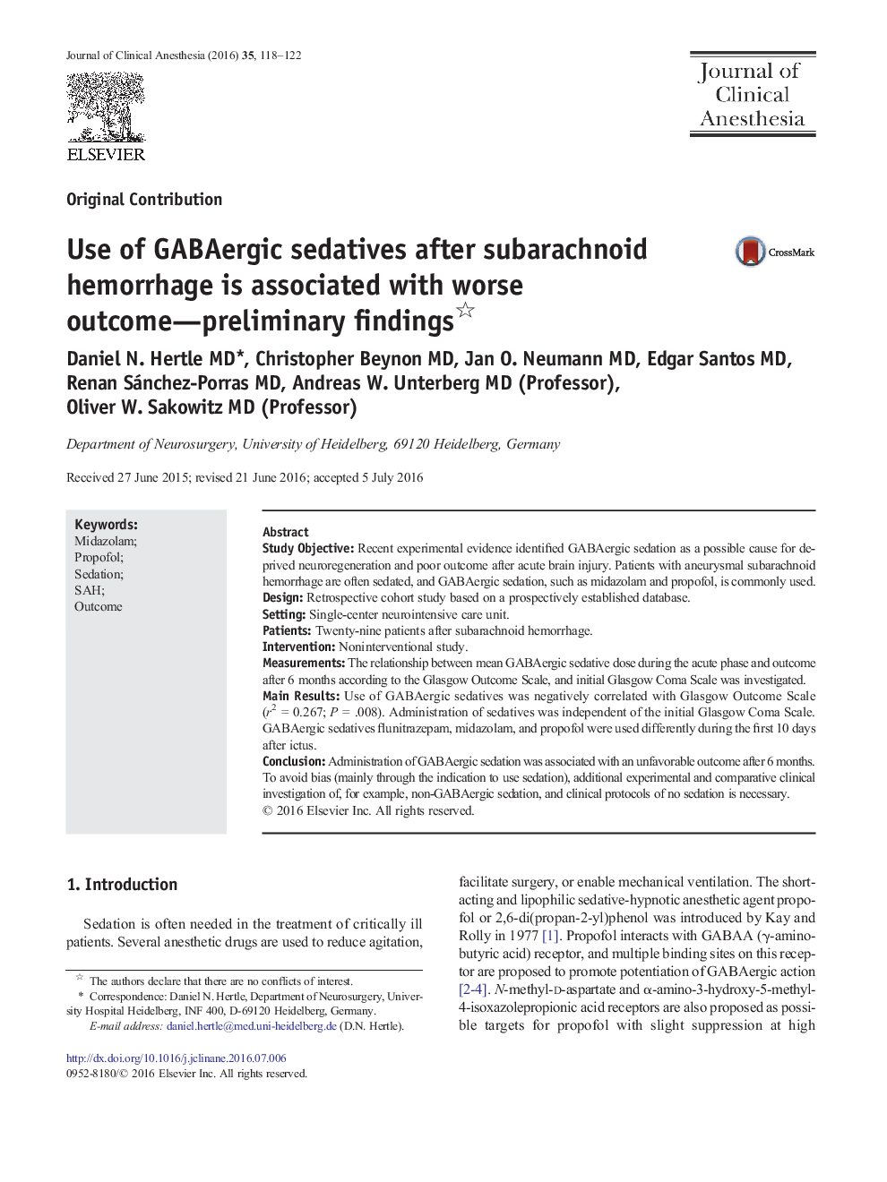 Original ContributionUse of GABAergic sedatives after subarachnoid hemorrhage is associated with worse outcome-preliminary findings