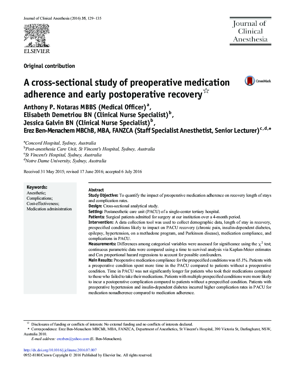 A cross-sectional study of preoperative medication adherence and early postoperative recovery