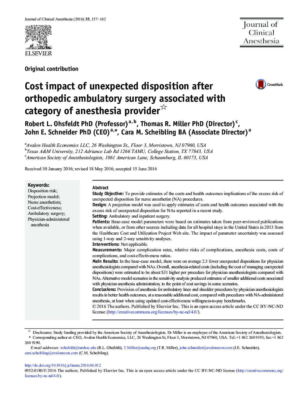 Cost impact of unexpected disposition after orthopedic ambulatory surgery associated with category of anesthesia provider
