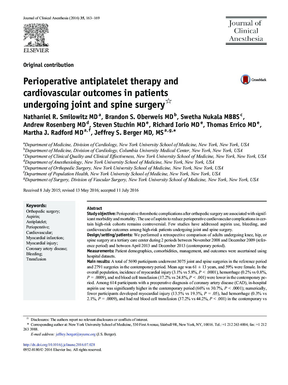 Perioperative antiplatelet therapy and cardiovascular outcomes in patients undergoing joint and spine surgery