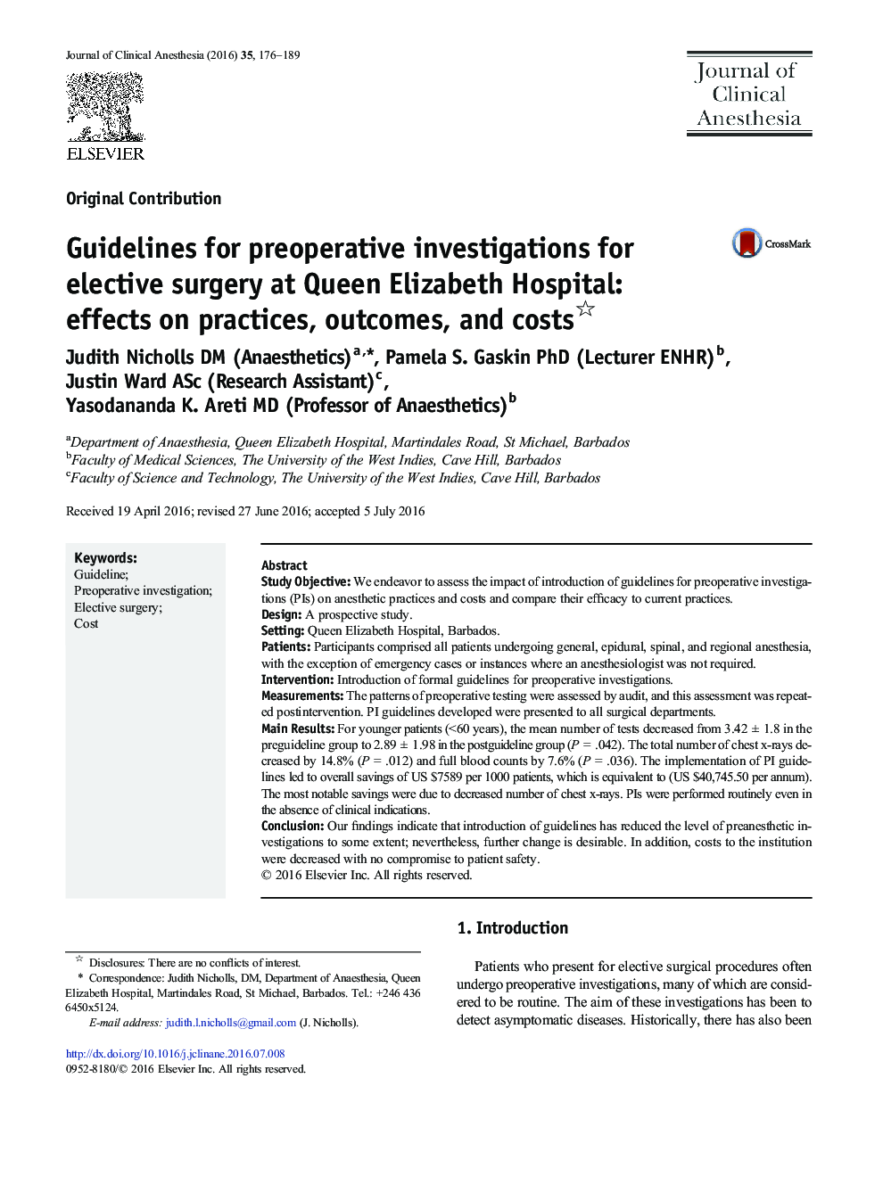 Guidelines for preoperative investigations for elective surgery at Queen Elizabeth Hospital: effects on practices, outcomes, and costs