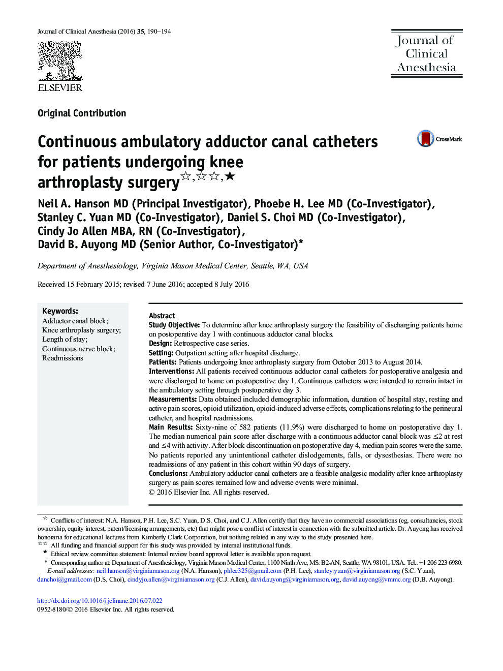 Continuous ambulatory adductor canal catheters for patients undergoing knee arthroplasty surgery
