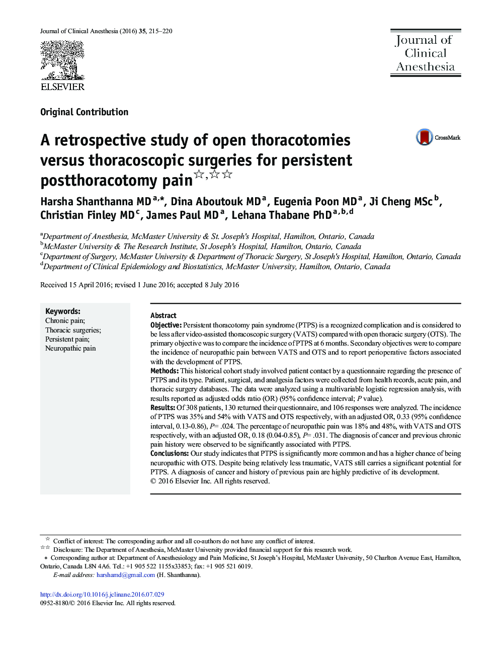 A retrospective study of open thoracotomies versus thoracoscopic surgeries for persistent postthoracotomy pain