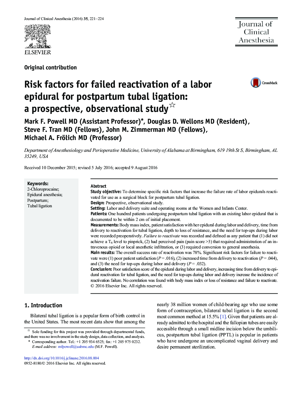 Risk factors for failed reactivation of a labor epidural for postpartum tubal ligation: a prospective, observational study