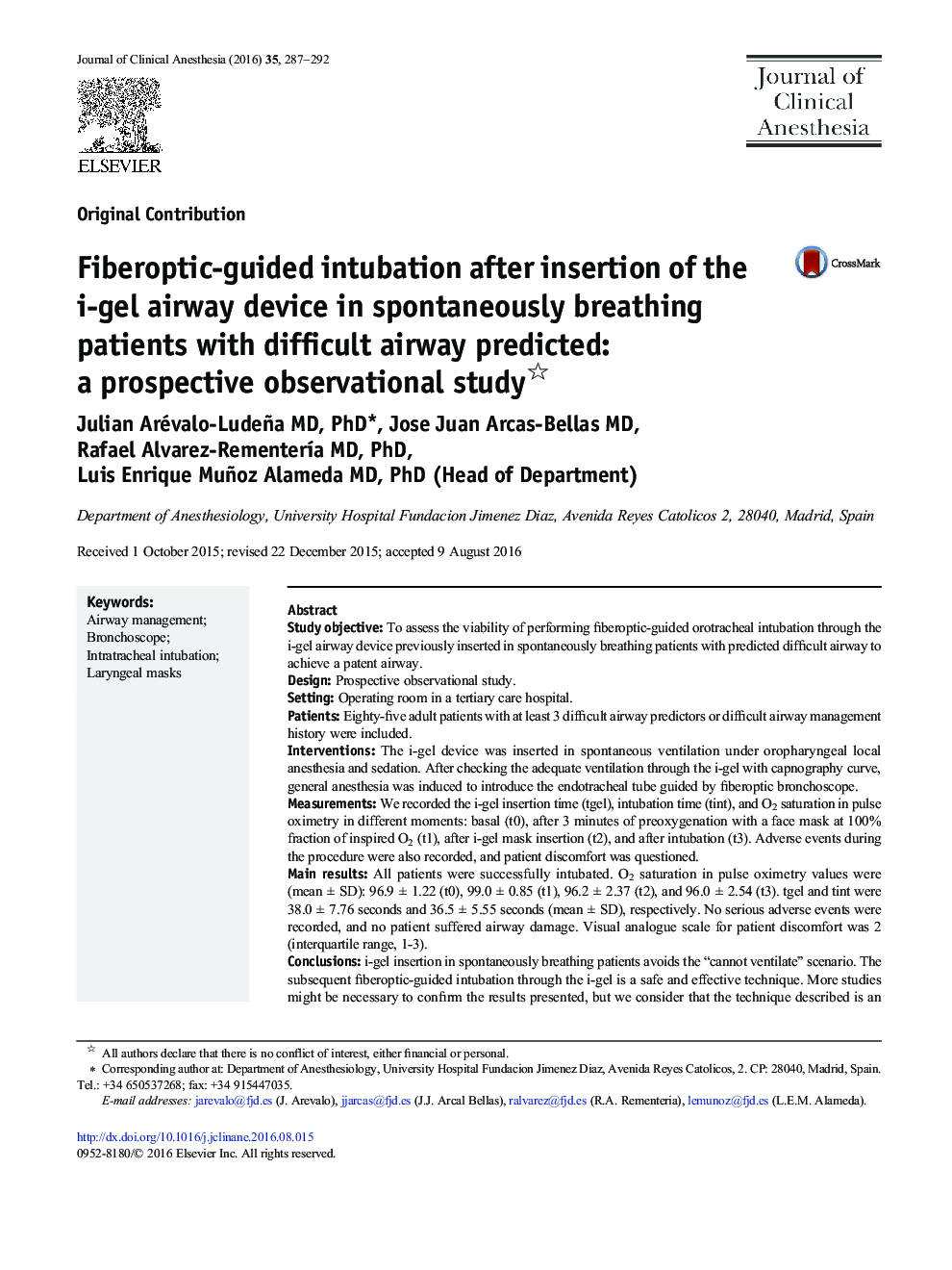 Fiberoptic-guided intubation after insertion of the i-gel airway device in spontaneously breathing patients with difficult airway predicted: a prospective observational study
