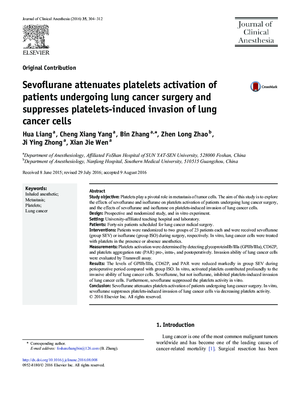 Sevoflurane attenuates platelets activation of patients undergoing lung cancer surgery and suppresses platelets-induced invasion of lung cancer cells