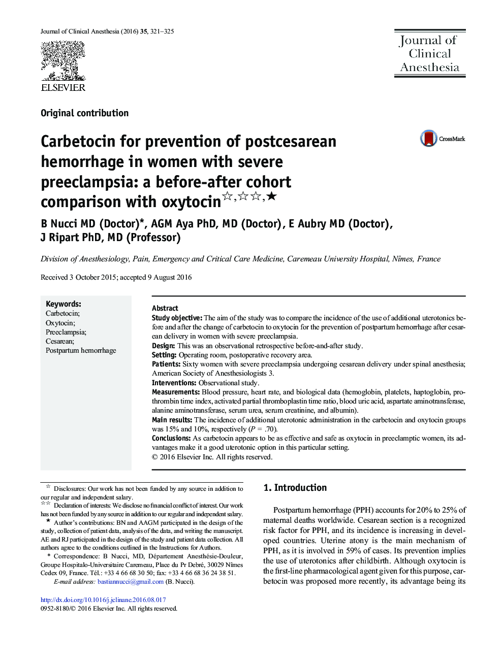 Carbetocin for prevention of postcesarean hemorrhage in women with severe preeclampsia: a before-after cohort comparison with oxytocin