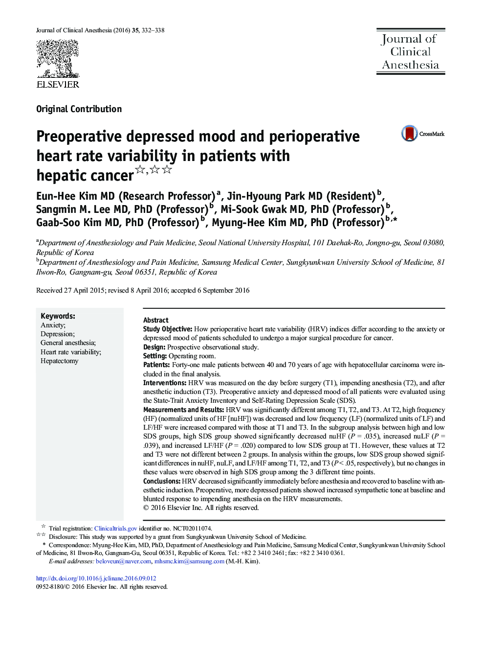 Preoperative depressed mood and perioperative heart rate variability in patients with hepatic cancer