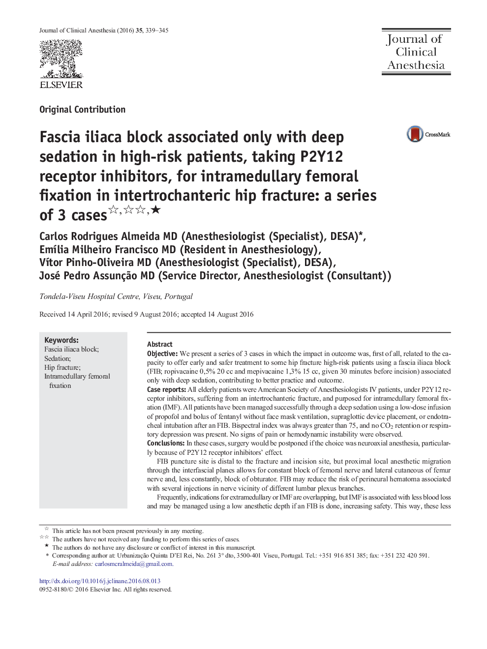 Fascia iliaca block associated only with deep sedation in high-risk patients, taking P2Y12 receptor inhibitors, for intramedullary femoral fixation in intertrochanteric hip fracture: a series of 3 casesâ