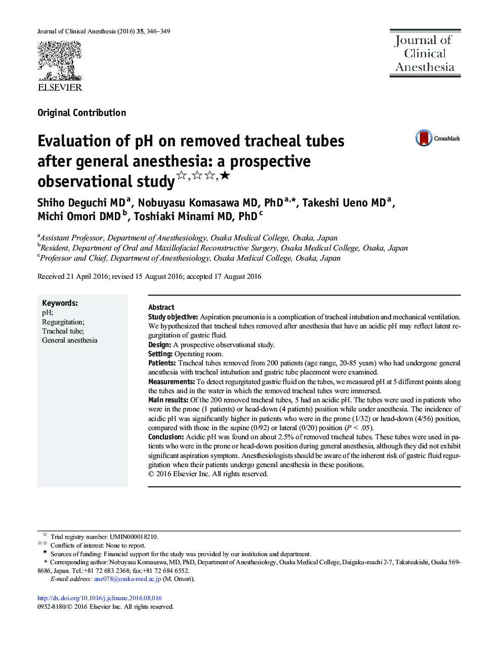 Original ContributionEvaluation of pH on removed tracheal tubes after general anesthesia: a prospective observational studyâ