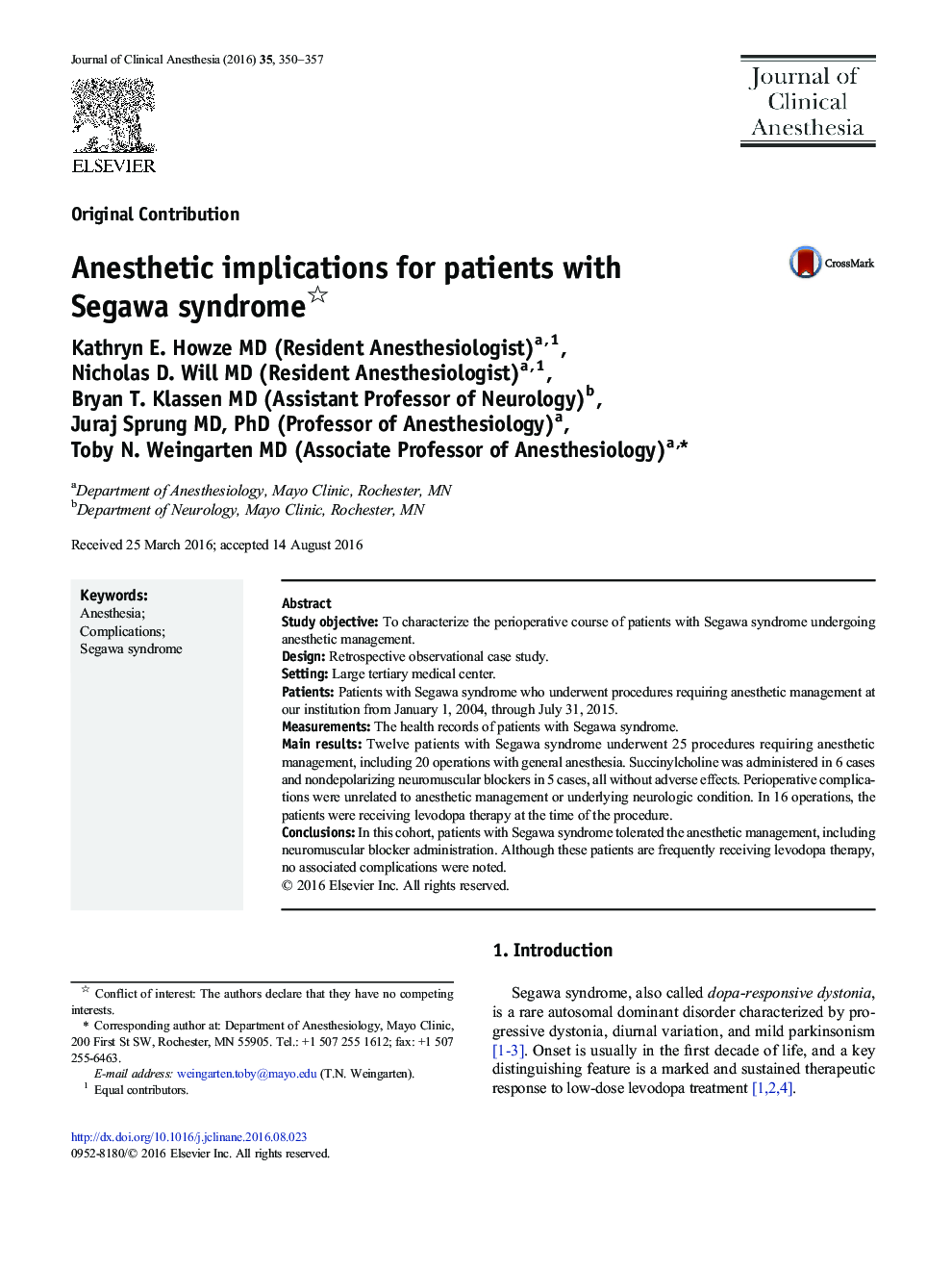 Anesthetic implications for patients with Segawa syndrome