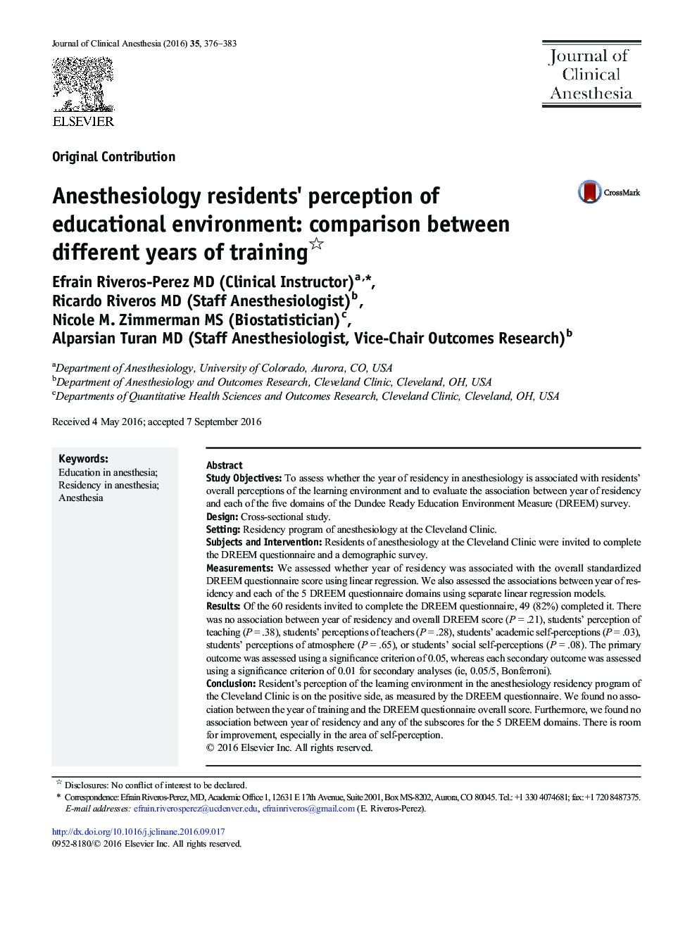 Anesthesiology residents' perception of educational environment: comparison between different years of training