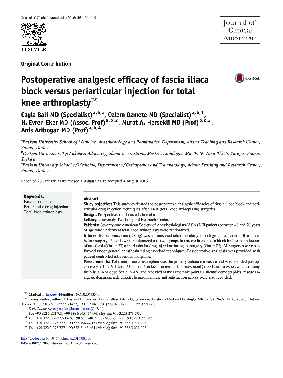 Original ContributionPostoperative analgesic efficacy of fascia iliaca block versus periarticular injection for total knee arthroplasty