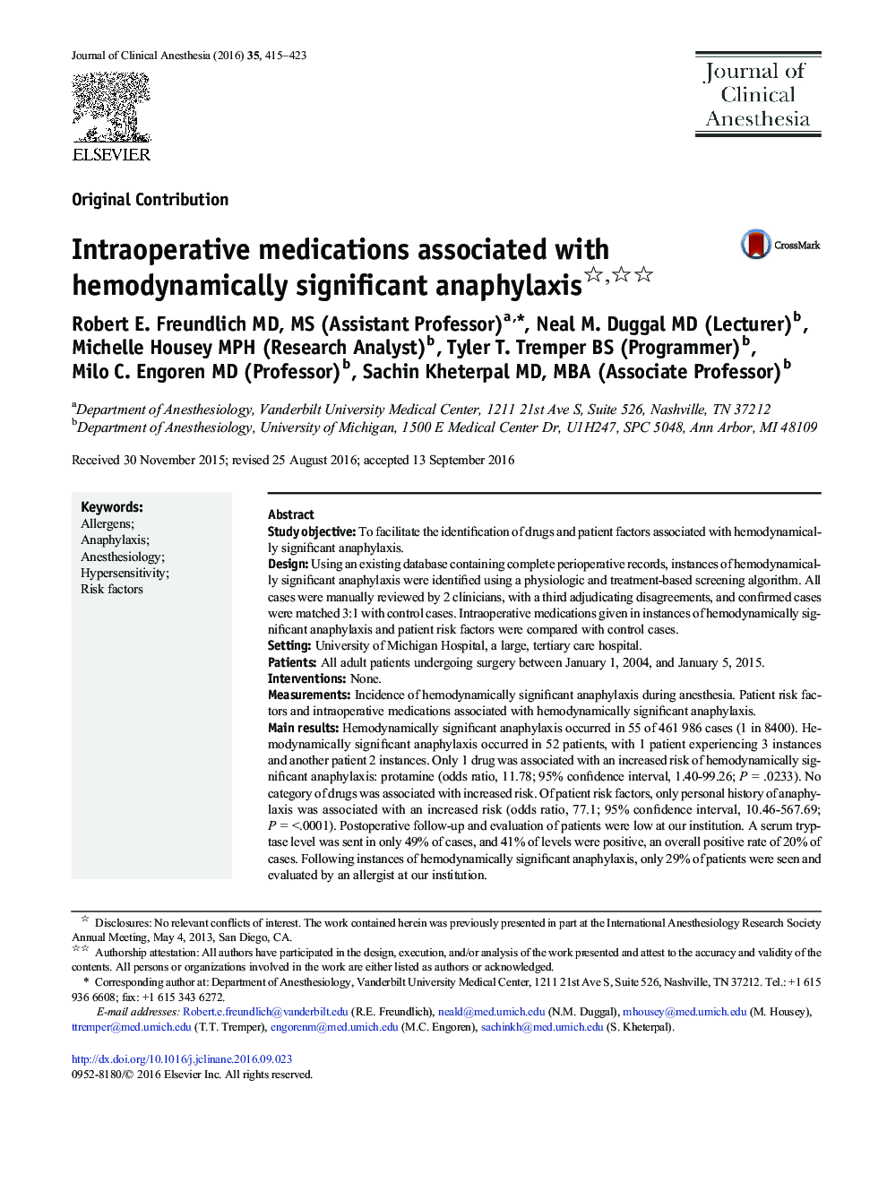 Intraoperative medications associated with hemodynamically significant anaphylaxis