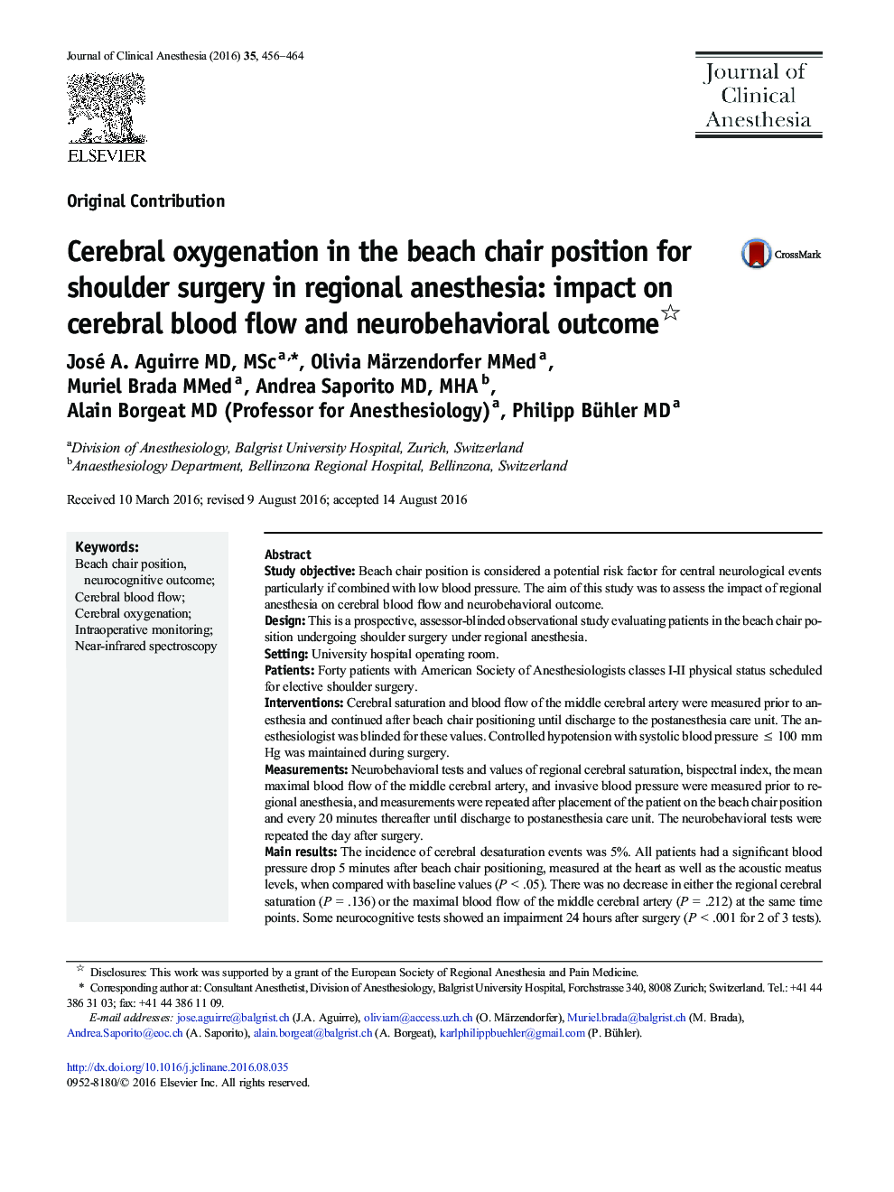 Cerebral oxygenation in the beach chair position for shoulder surgery in regional anesthesia: impact on cerebral blood flow and neurobehavioral outcome