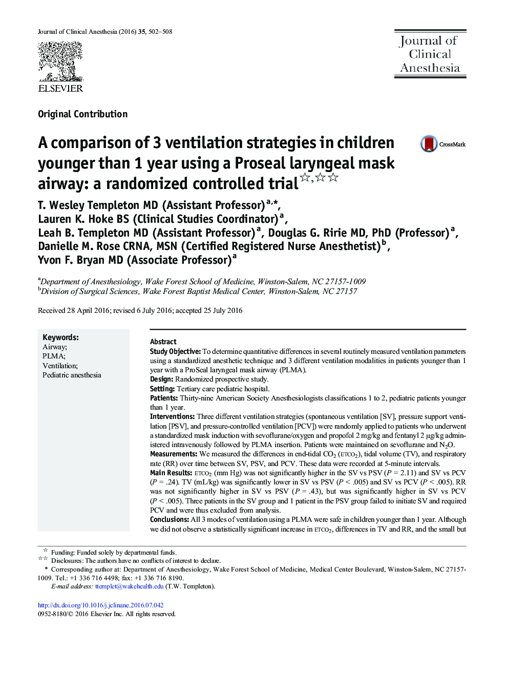 A comparison of 3 ventilation strategies in children younger than 1 year using a Proseal laryngeal mask airway: a randomized controlled trial