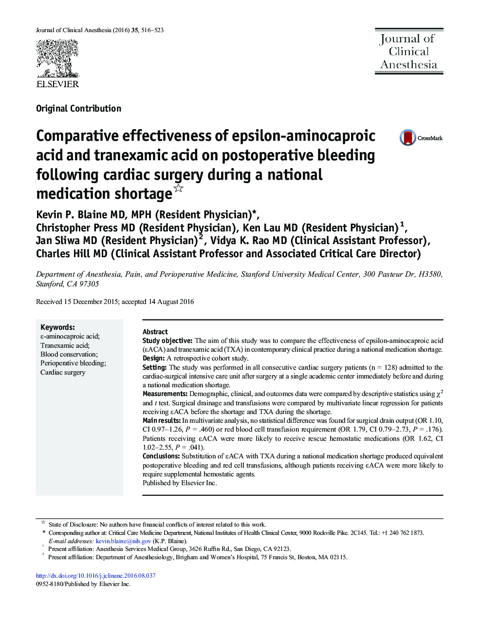 Comparative effectiveness of epsilon-aminocaproic acid and tranexamic acid on postoperative bleeding following cardiac surgery during a national medication shortage