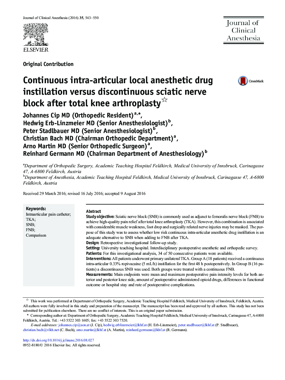 Continuous intra-articular local anesthetic drug instillation versus discontinuous sciatic nerve block after total knee arthroplasty