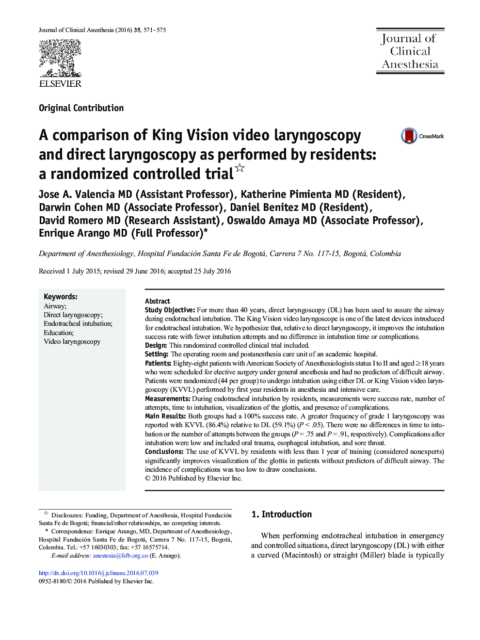 A comparison of King Vision video laryngoscopy and direct laryngoscopy as performed by residents: a randomized controlled trial