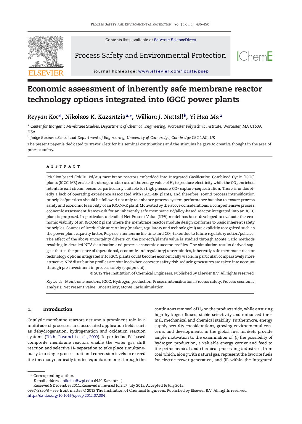 Economic assessment of inherently safe membrane reactor technology options integrated into IGCC power plants