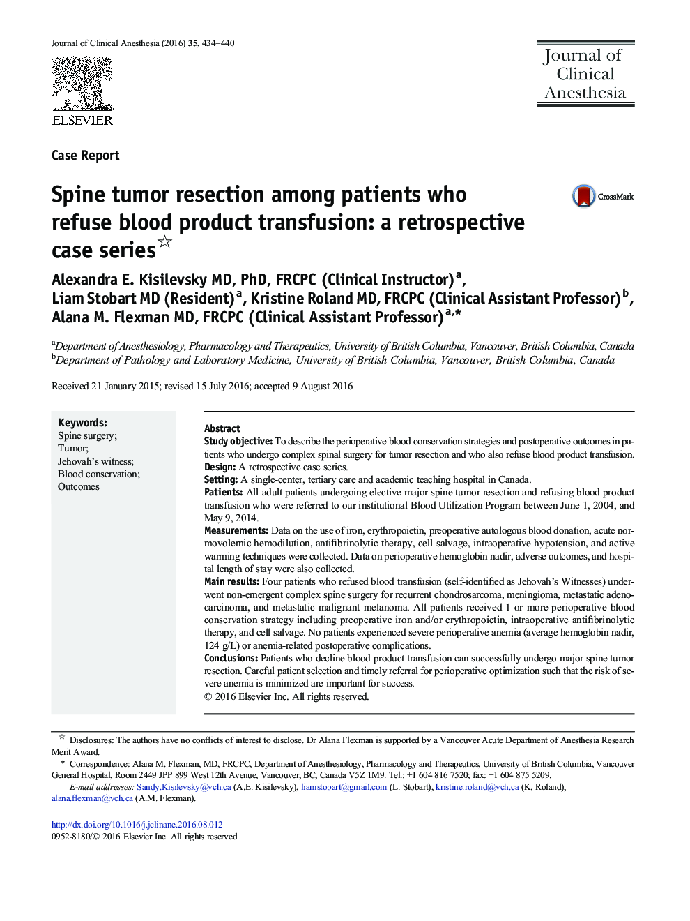 Spine tumor resection among patients who refuse blood product transfusion: a retrospective case series