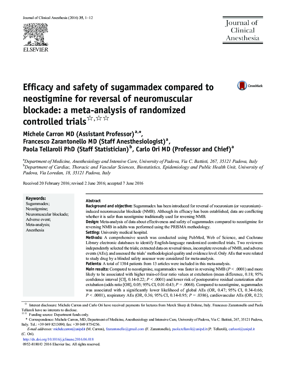 Efficacy and safety of sugammadex compared to neostigmine for reversal of neuromuscular blockade: a meta-analysis of randomized controlled trials