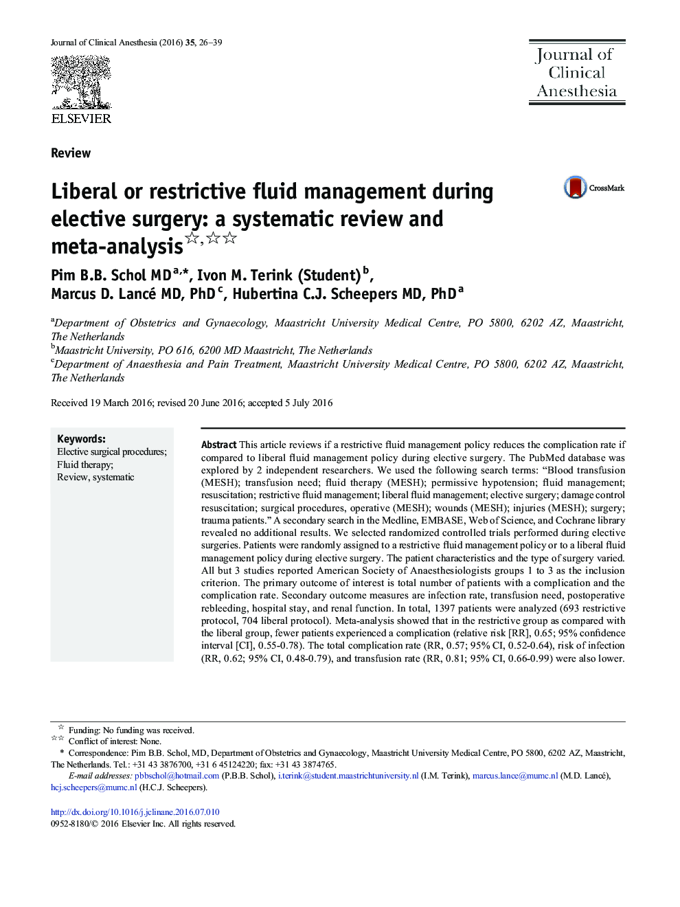 Liberal or restrictive fluid management during elective surgery: a systematic review and meta-analysis