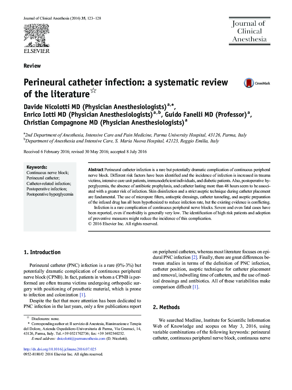 Perineural catheter infection: a systematic review of the literature