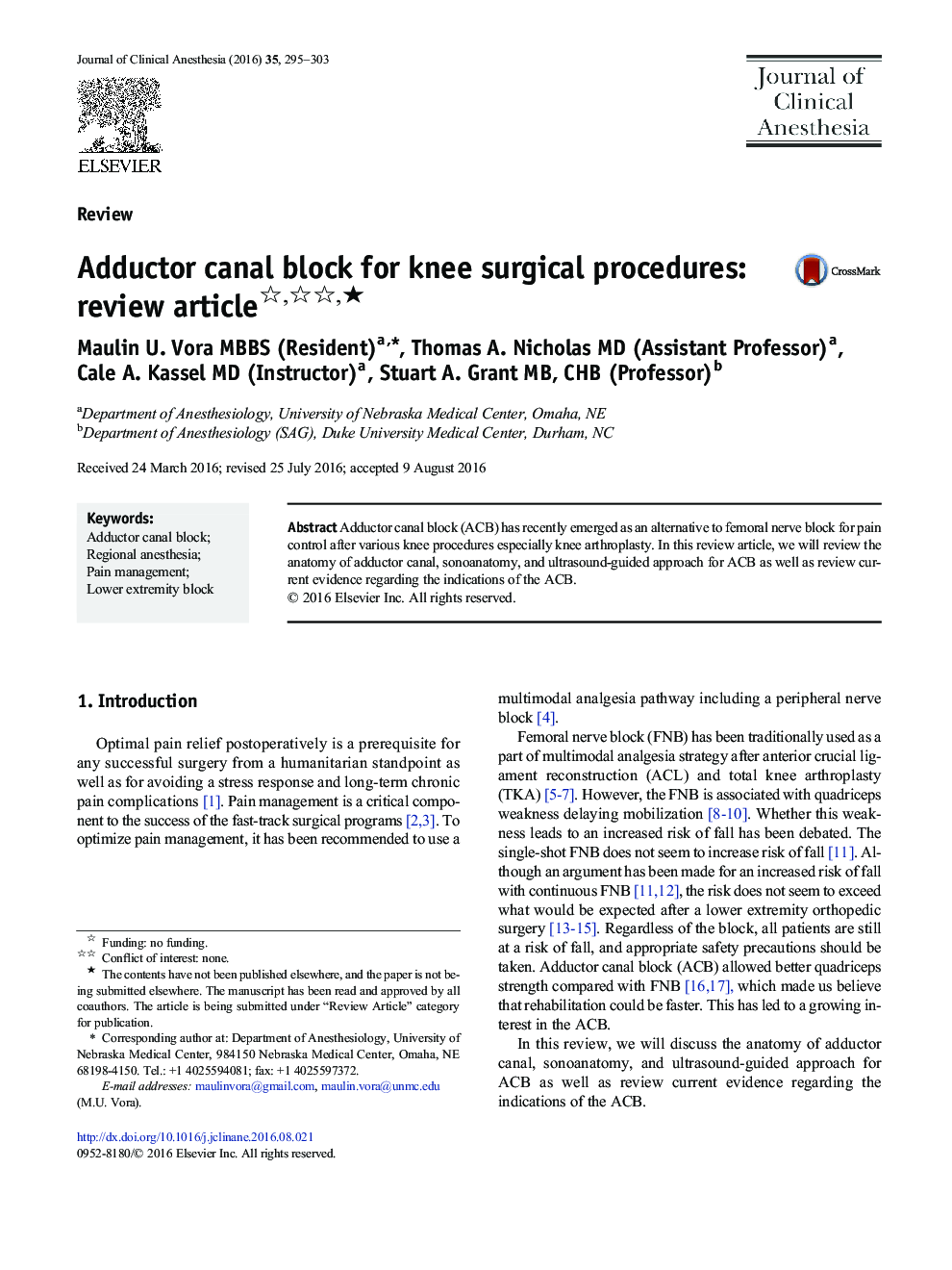 ReviewAdductor canal block for knee surgical procedures: review articleâ