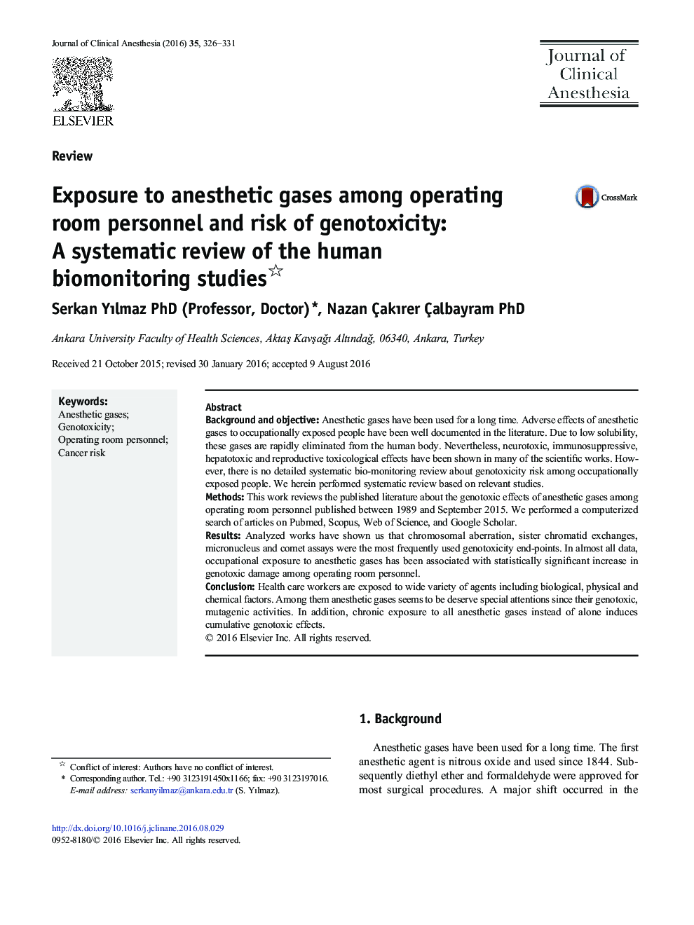 Exposure to anesthetic gases among operating room personnel and risk of genotoxicity: A systematic review of the human biomonitoring studies